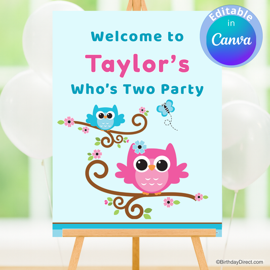 Party poster with colorful owls on a branch for a 'Who's Two' party, displayed on an easel.