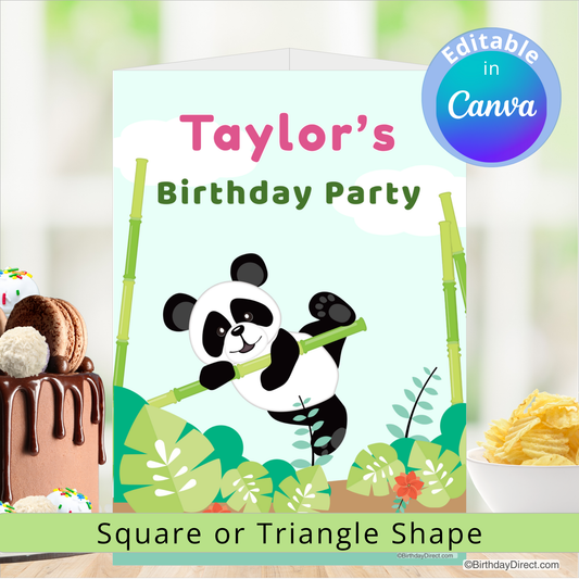Birthday centerpiece decoration with a panda design and an editable feature in Canva.