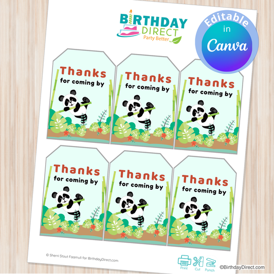Set of six panda-themed thank you tags from Birthday Direct on a wooden surface.