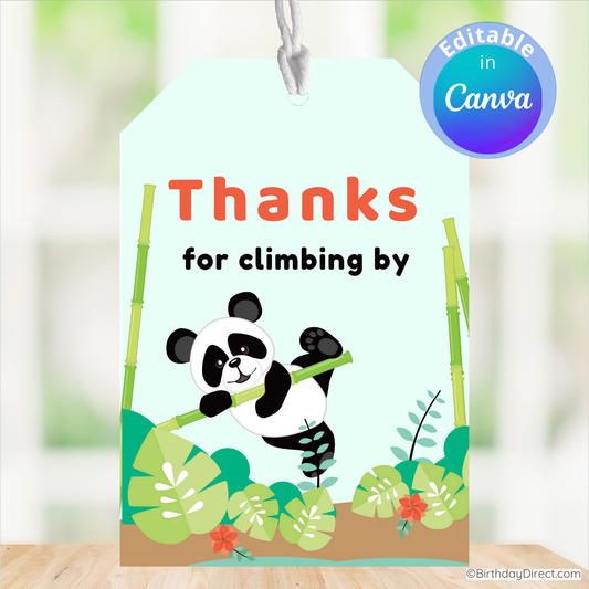 Card with a panda design and text 'Thanks for climbing by' on a light green background.