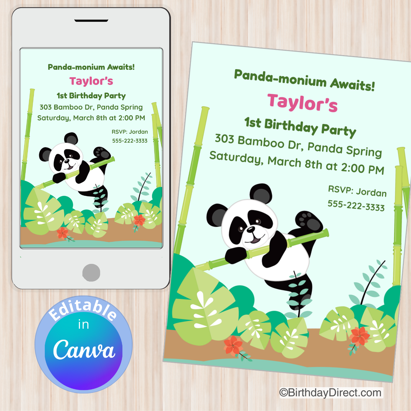 Birthday party invitation with panda design on a smartphone and paper