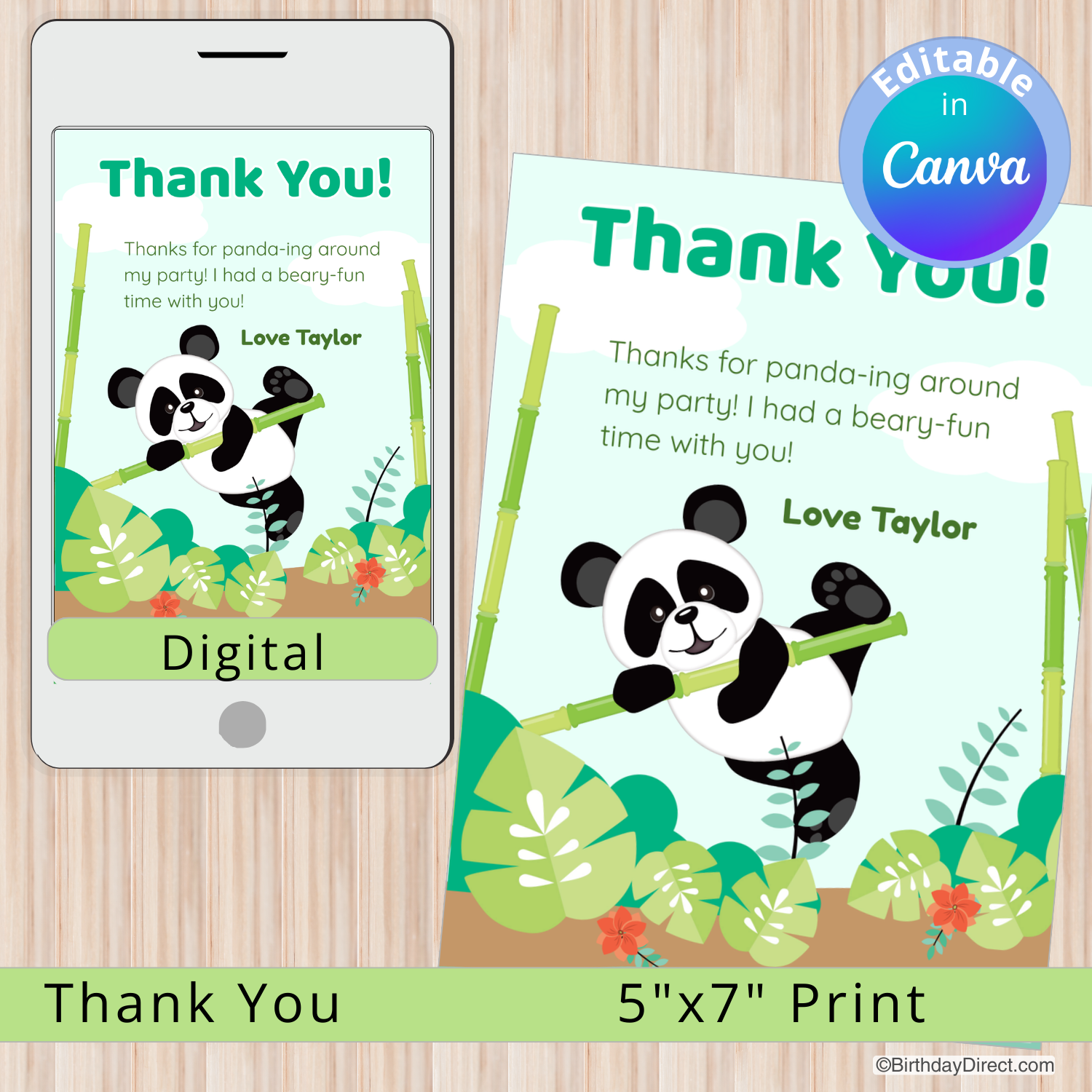 Panda-themed thank you card with digital and print options on a wooden surface.