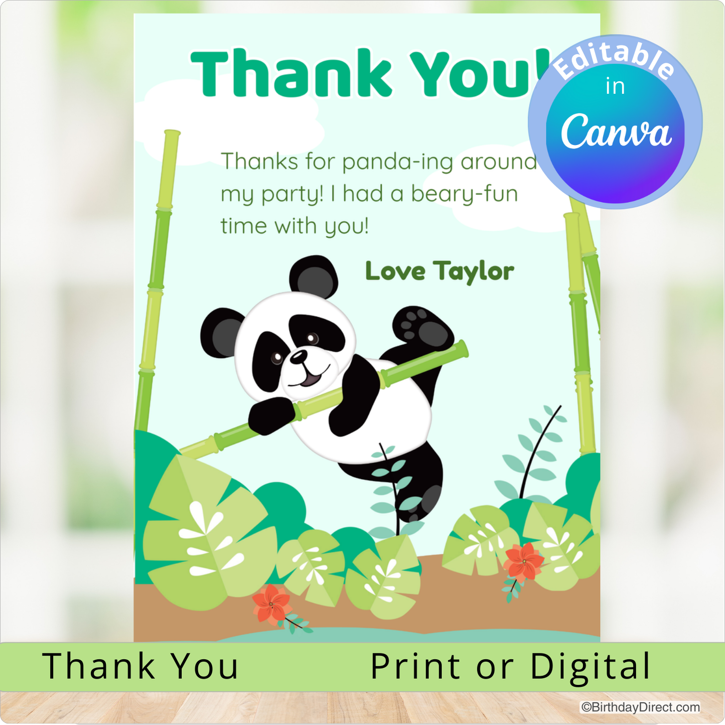 Thank you card with a panda design and editable text feature.