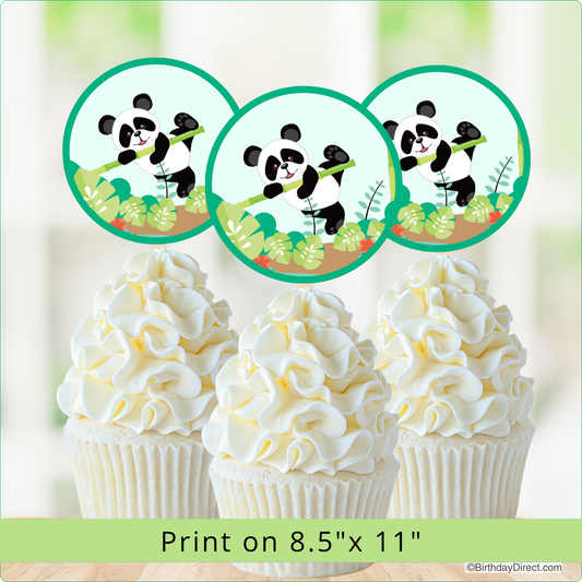 Panda-themed cupcake toppers with white frosting on cupcakes against a light green background.