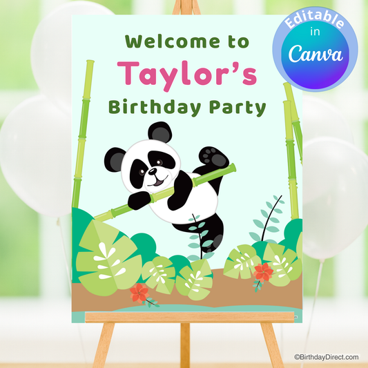 Birthday party poster with a panda design and editable text in Canva.