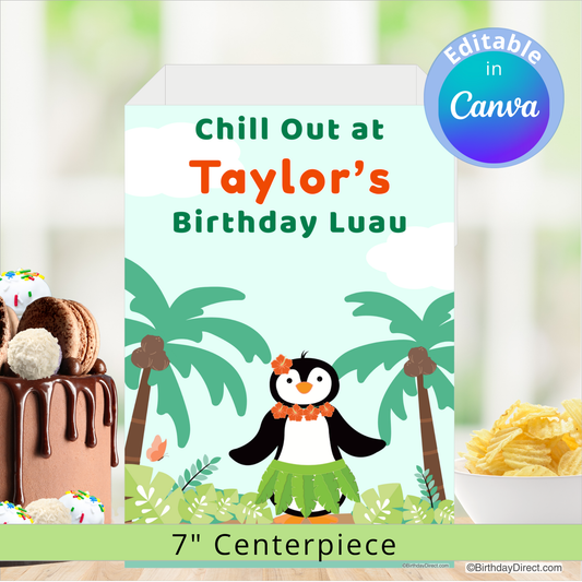 Birthday luau centerpiece with penguin character and editable text in Canva.