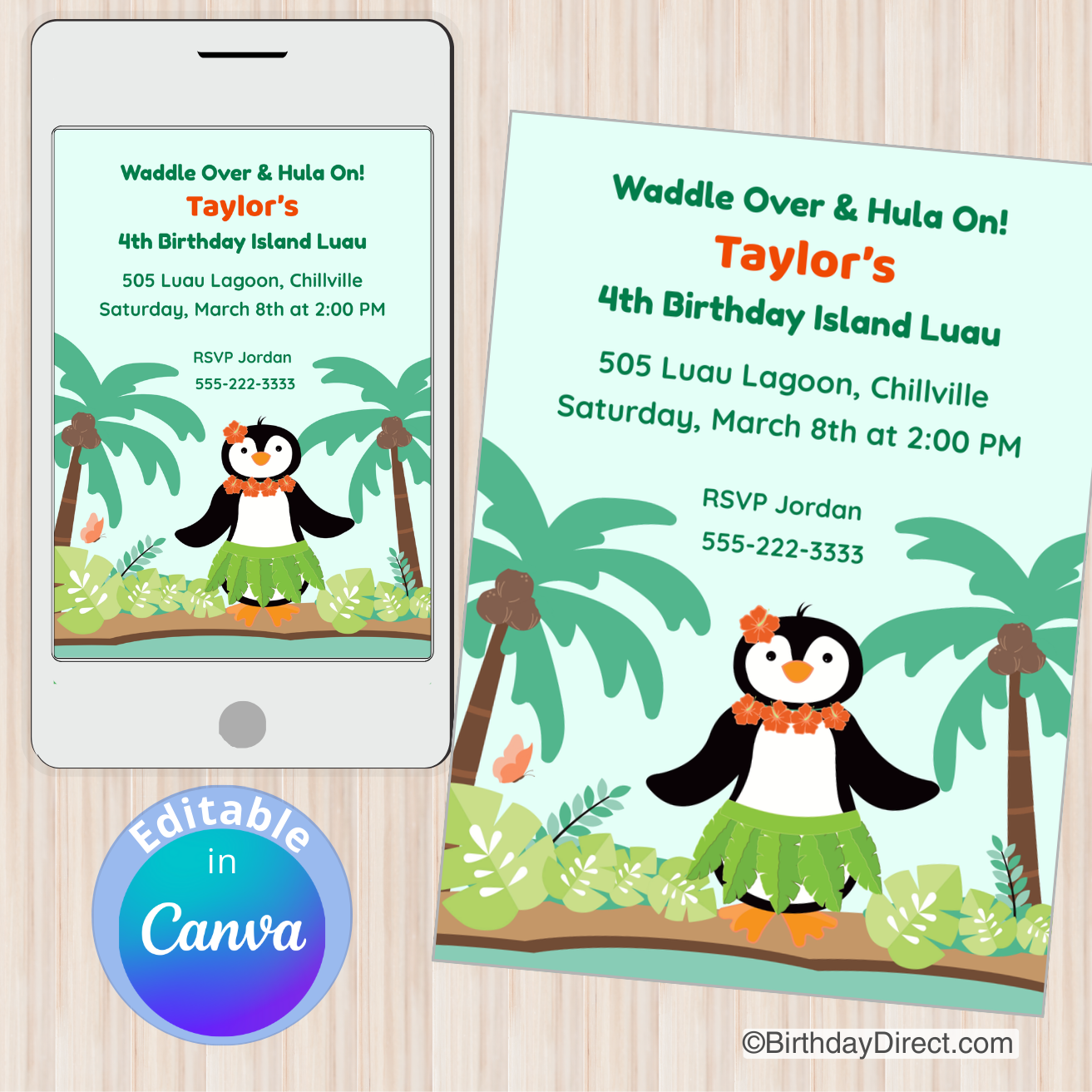 Birthday invitation with penguin character on a smartphone and paper