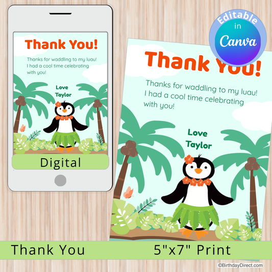 Digital and print thank you card with penguin in hula outfit on a wooden surface