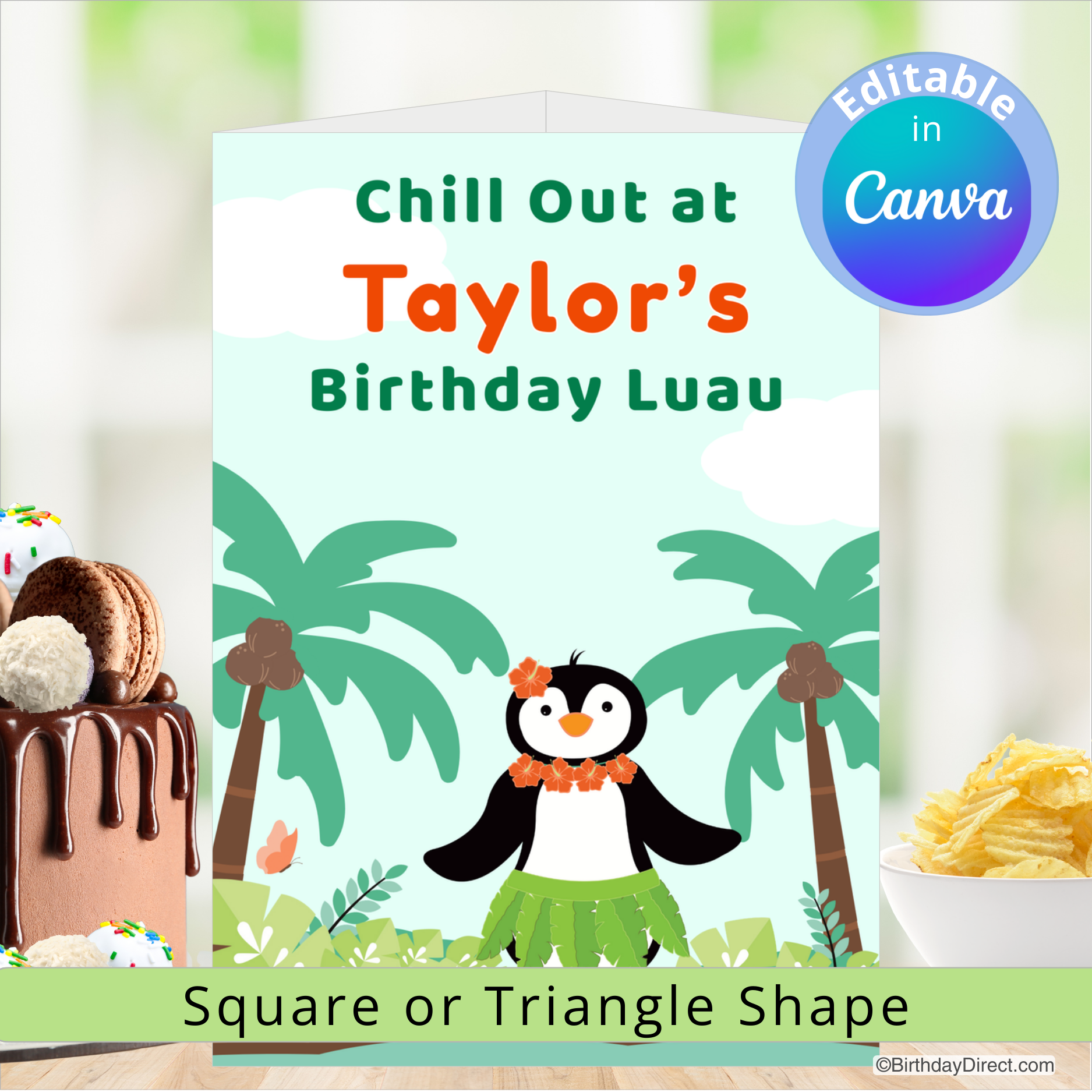 Birthday centerpiece decoration with penguin character and tropical elements, featuring Editable text in Canva.