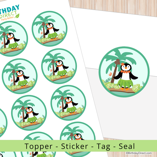 Circular stickers with penguin design on a white background