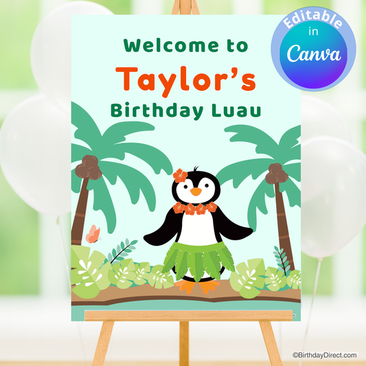 Birthday luau poster with a penguin in a hula skirt and palm trees on a white background.