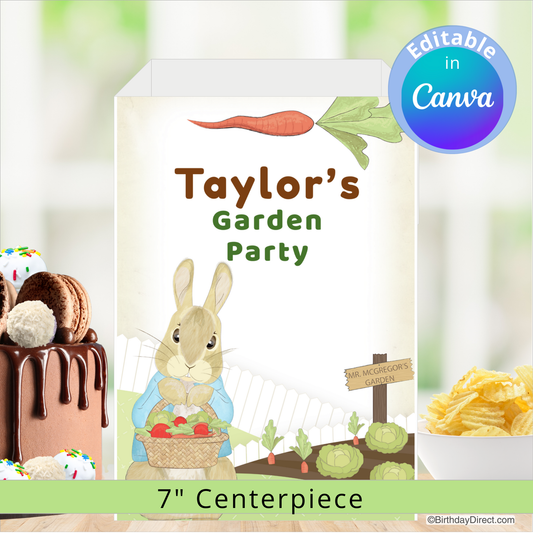 Children's party centerpiece with rabbit illustration and text 'Taylor's Garden Party' on a blurred background.