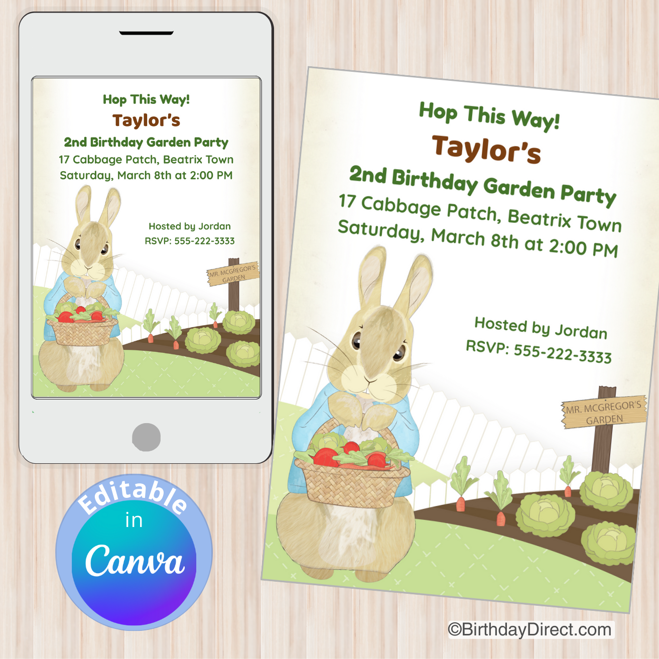 Birthday party invitation with a rabbit character on a smartphone and paper, featuring 'Canva' editing label.