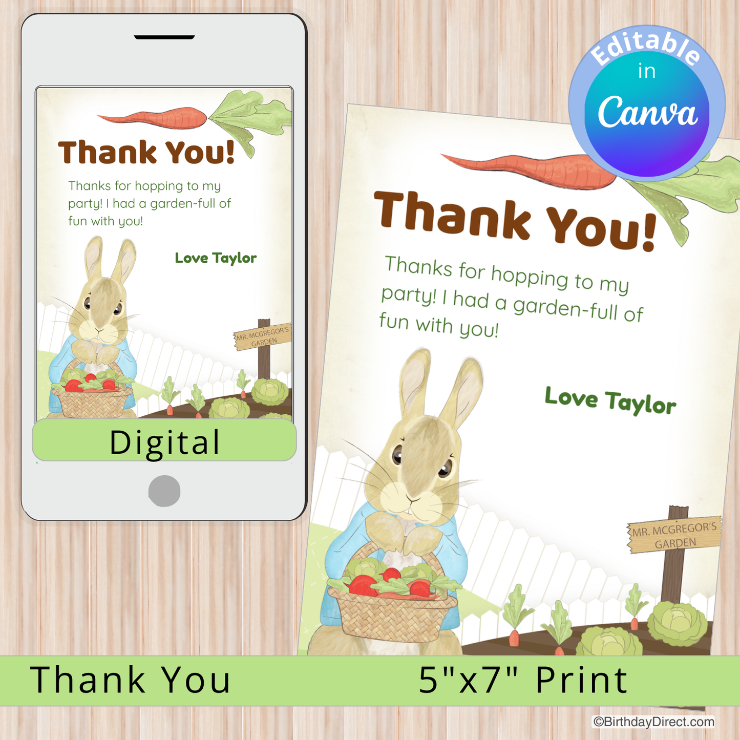 Digital and print thank you cards with a rabbit and garden theme on a wooden background.