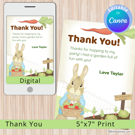 Digital and print thank you cards with a rabbit and garden theme on a wooden background.