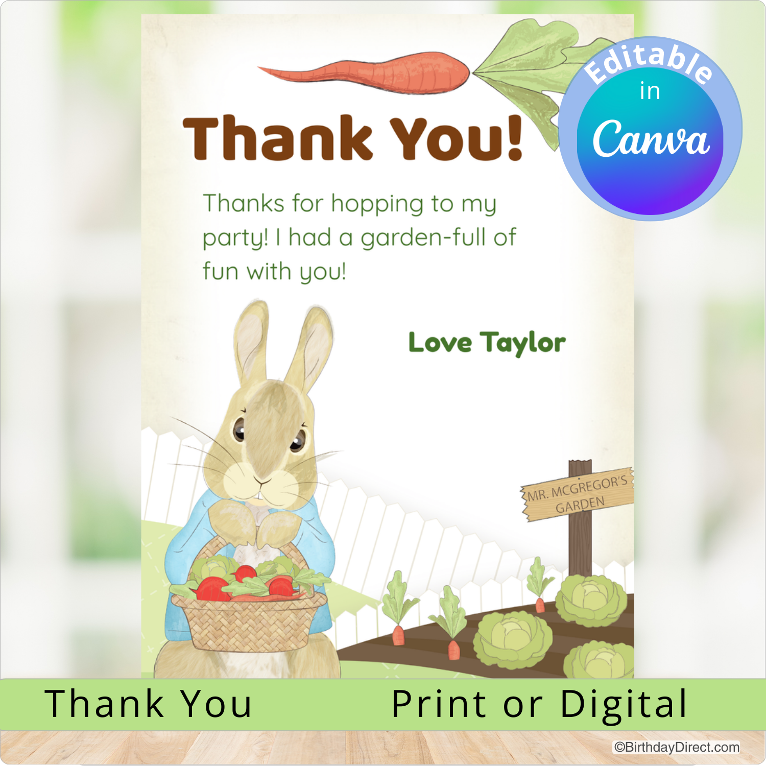 Thank you card with a rabbit holding a basket of vegetables and a garden scene, featuring editable text in Canva.