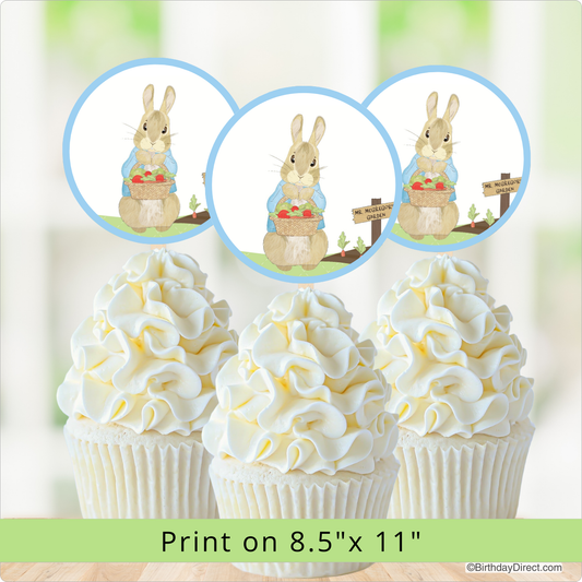 Cupcakes with white frosting and Peter Rabbit on top, with a focus on the bunnies.
