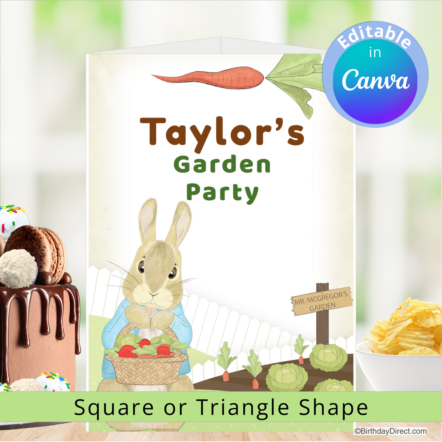Birthday centerpiece decoration for 'Taylor's Garden Party' with a rabbit and garden elements, featuring editable text in Canva.