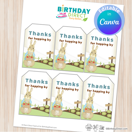 Set of six printable birthday party tags featuring cartoon bunnies from Birthday Direct on a light wooden background.