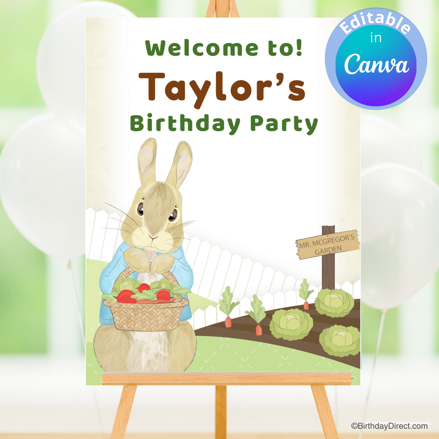 Birthday party poster with a rabbit character and garden scene, featuring 'Taylor's Birthday Party' text.
