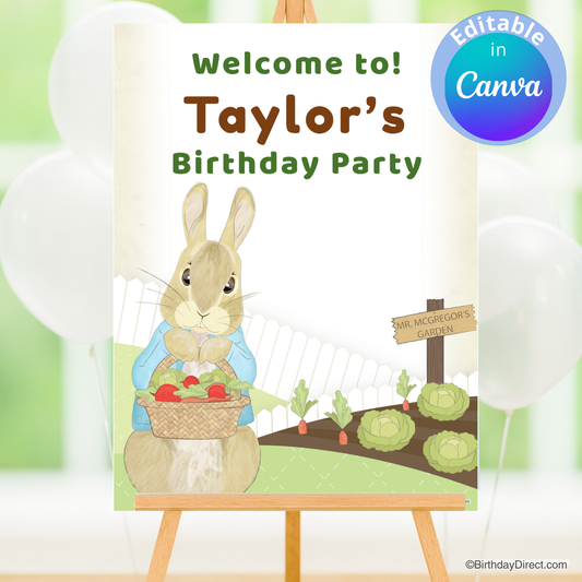 Birthday party poster with a rabbit character and garden scene, featuring 'Taylor's Birthday Party' text.