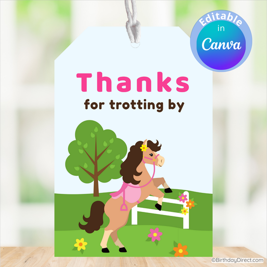 Gift tag with a horse illustration and text 'Thanks for trotting by' on a blurred background.
