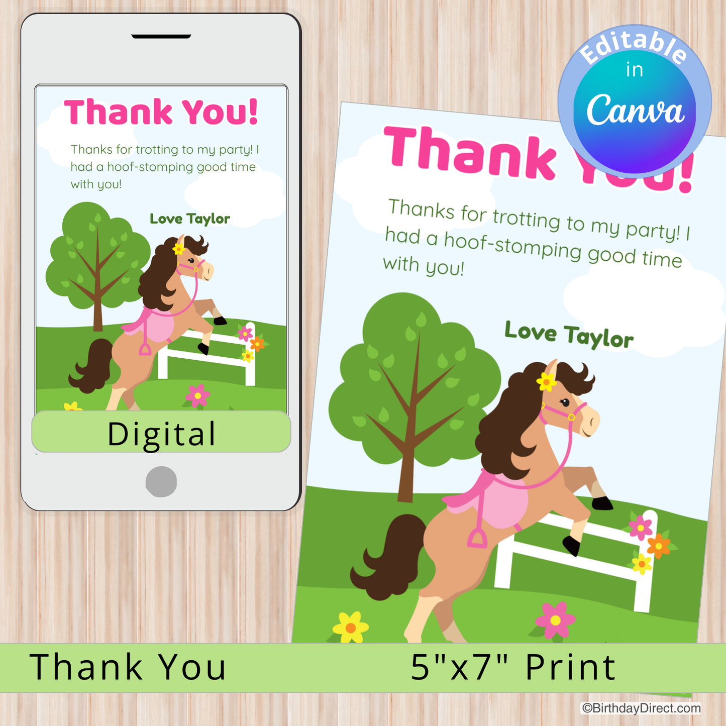 Digital and print horse-themed thank you card on a wooden surface with Canva branding.