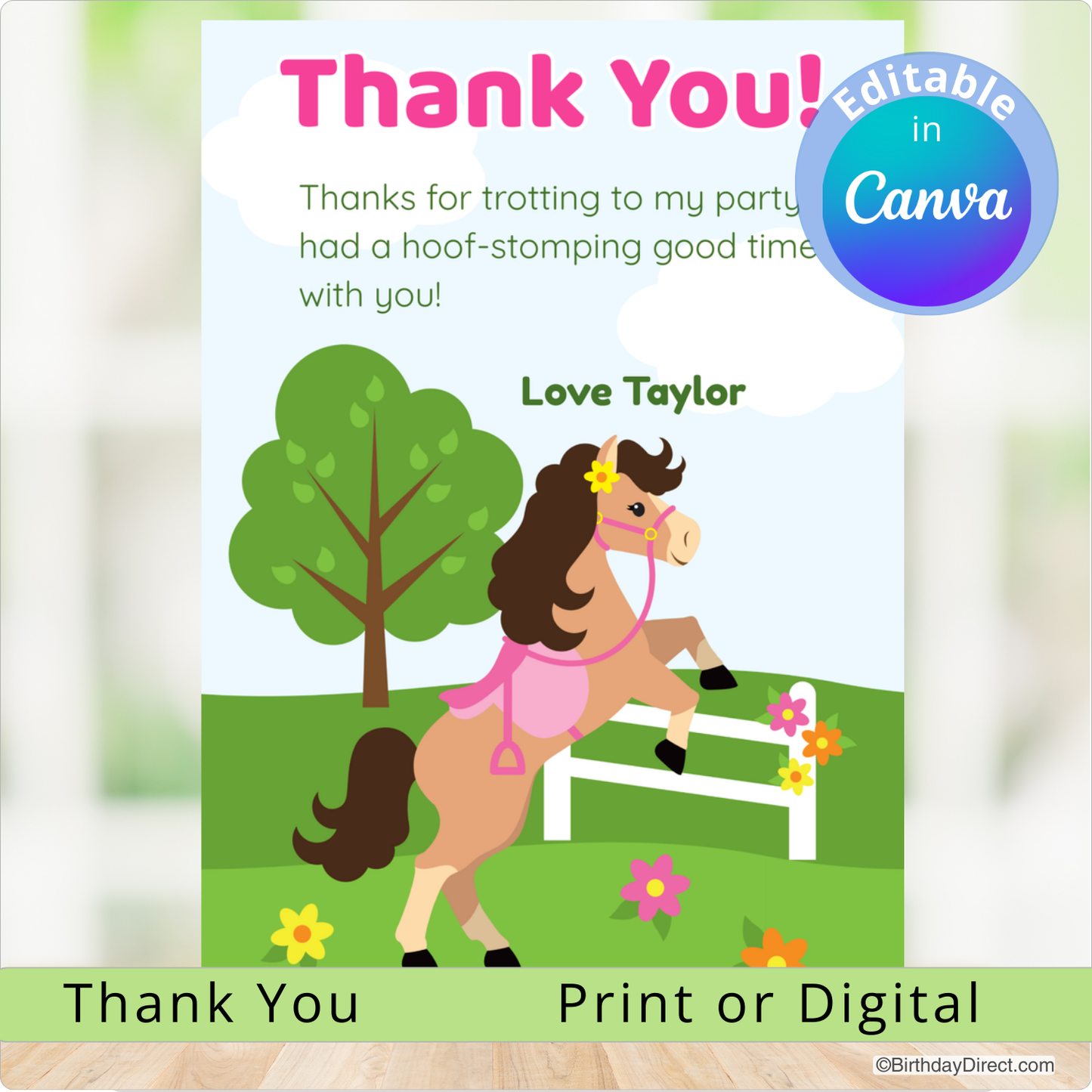 Thank you card with a horse design, text, and Canva editability badge.