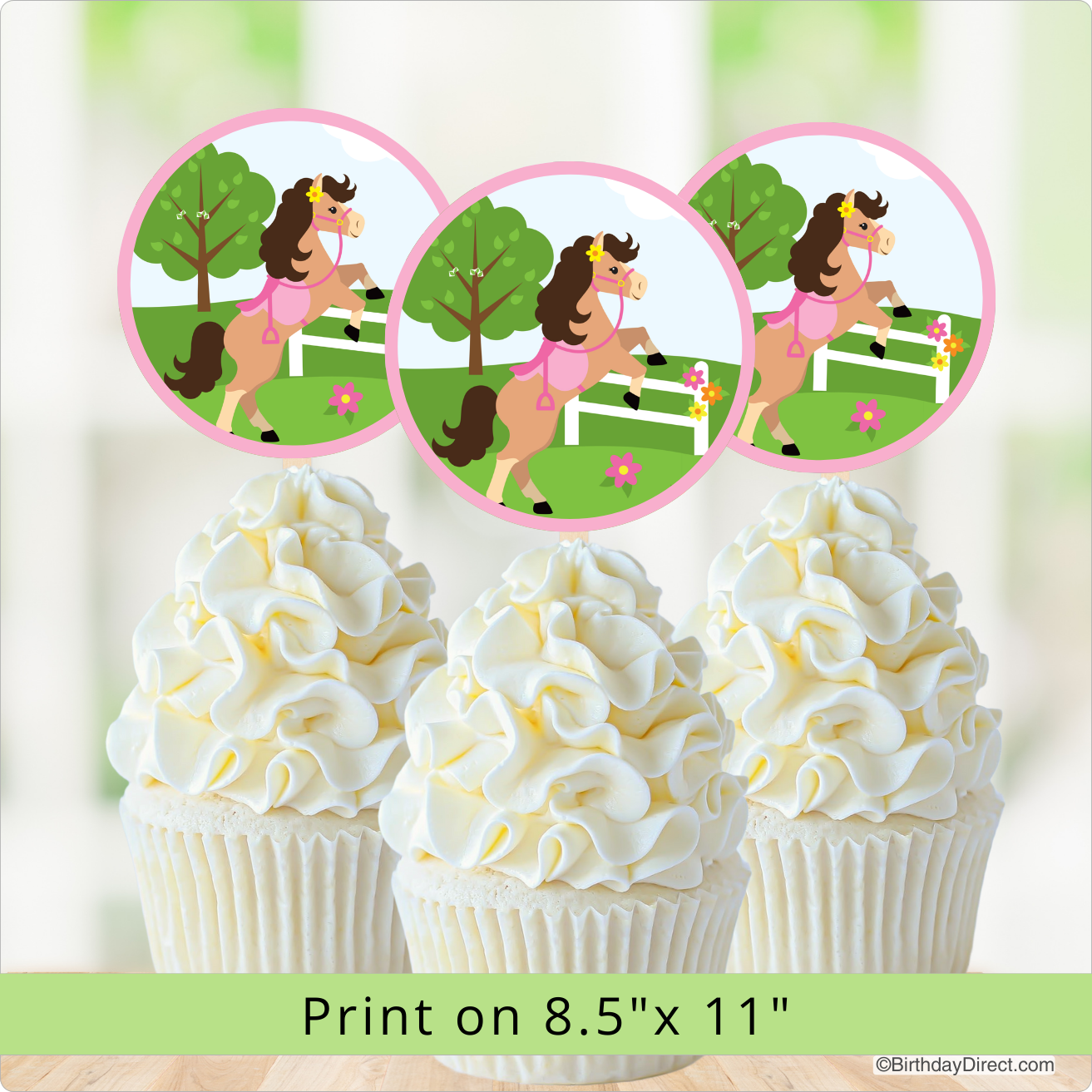 Cupcakes with horse-themed decorations on a light green background