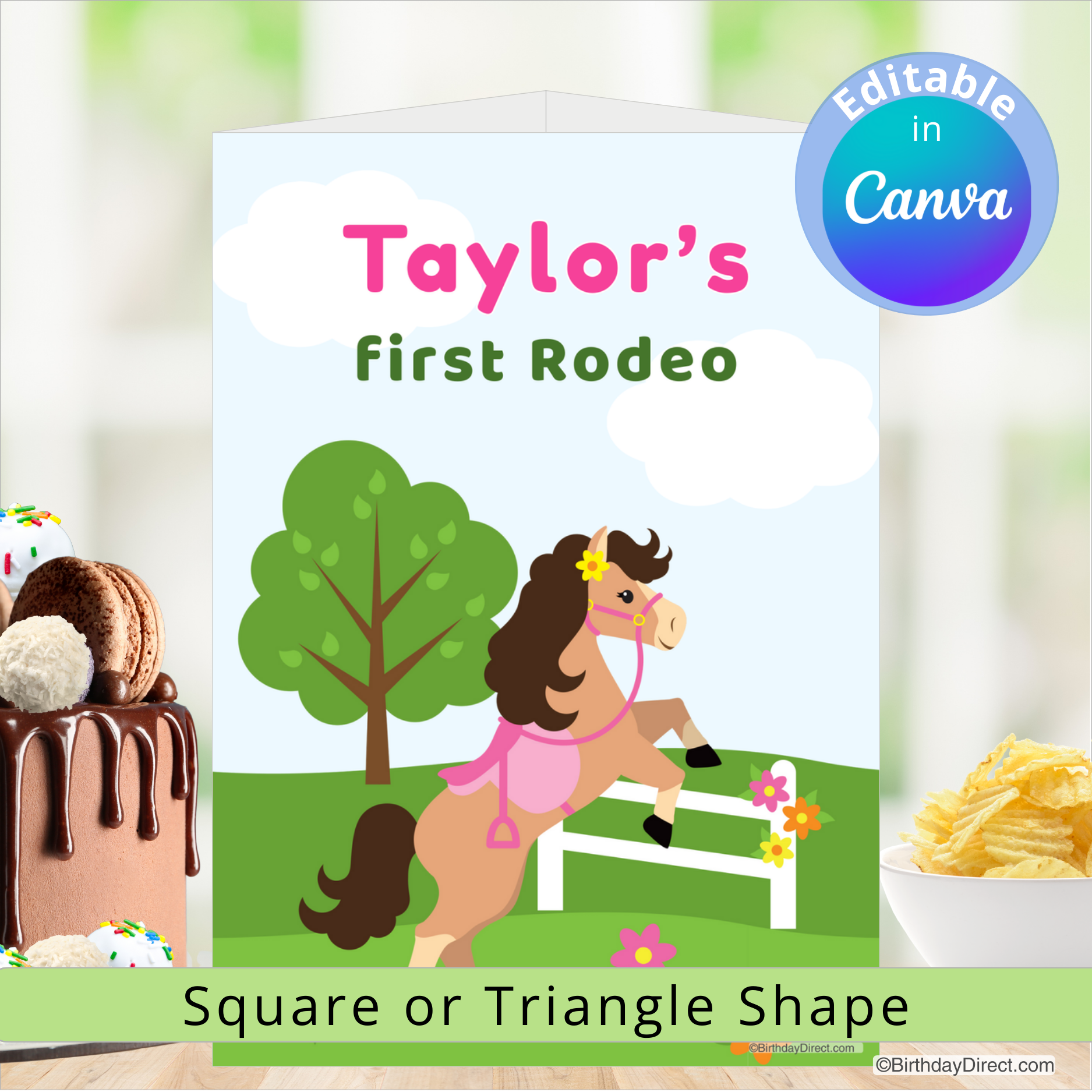 Birthday centerpiece decoration 'Taylor's First Rodeo' with a horse illustration, cake, and chips on a blurred background.