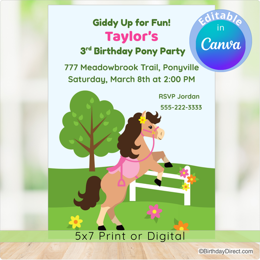 Birthday party invitation with a horse and tree design, featuring editable text in Canva.