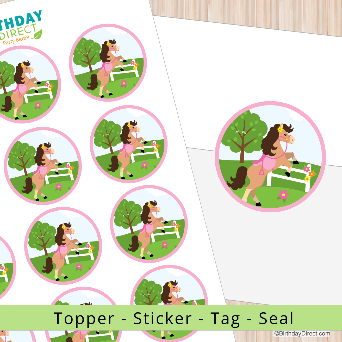 Round stickers with a horse and rider design on a white background, featuring 'Birthday Direct' branding.