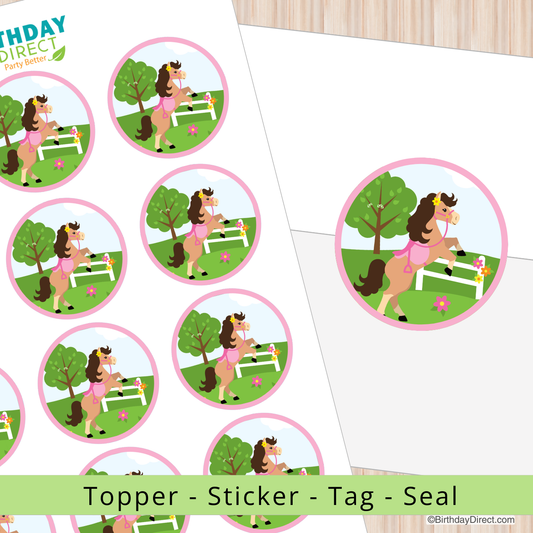 Round stickers with a horse and rider design on a white background, featuring 'Birthday Direct' branding.