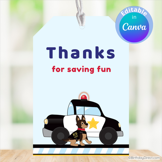 Card with cartoon dog in a police car and text 'Thanks for saving fun' on a light blue background.