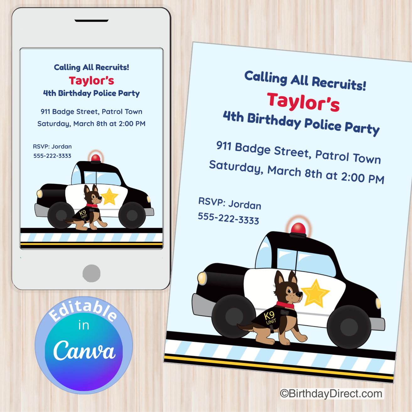 Police birthday party invitation with police car and dog on a smartphone screen