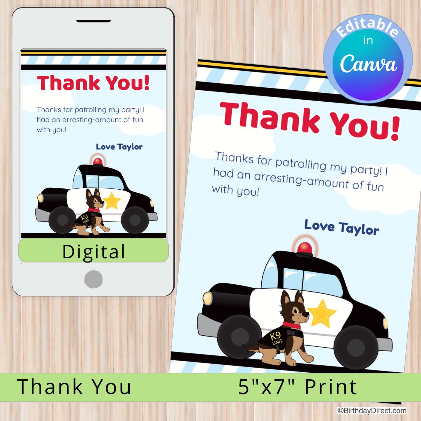 Digital and print party favor thank you card with police car and dog illustration on a wooden surface.