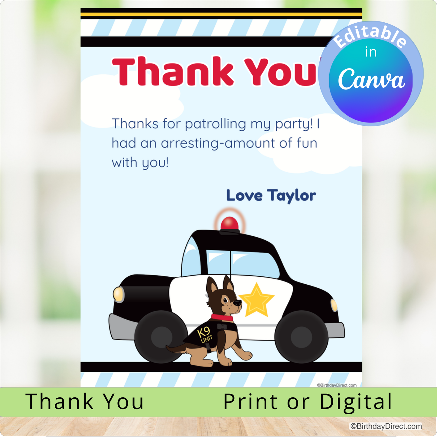 Thank you card with a police car and dog illustration, featuring editable text in Canva.