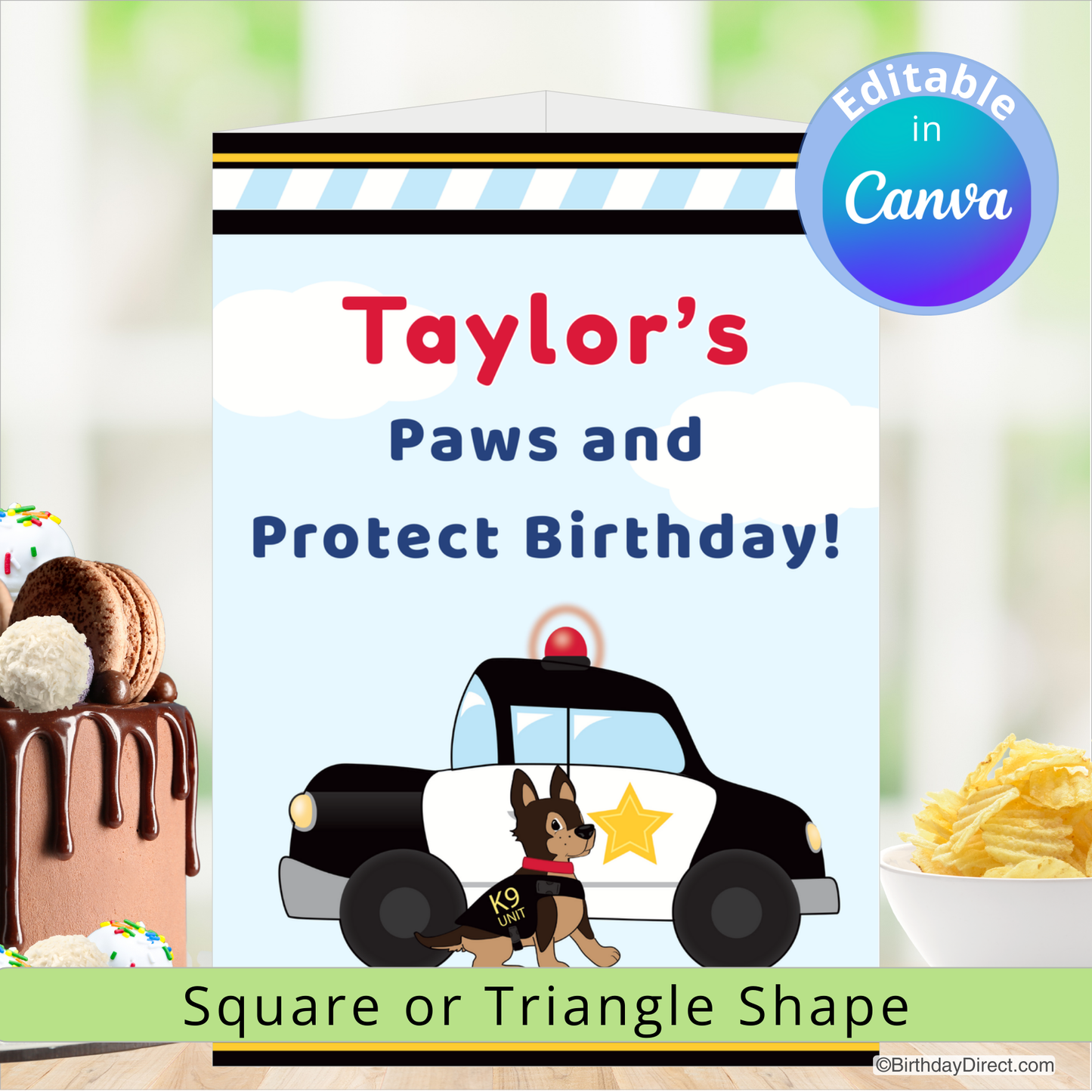 Birthday centerpiece decoration with police car and dog graphic, text 'Taylor's Paws and Protect Birthday!', and options for square or triangle shape.