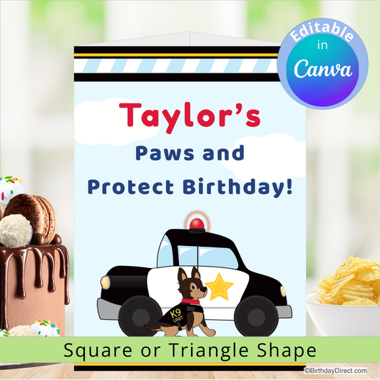 Birthday centerpiece decoration with police car and dog graphic, text 'Taylor's Paws and Protect Birthday!', and options for square or triangle shape.
