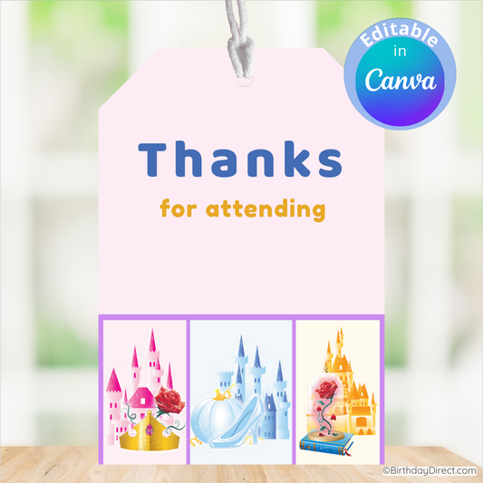 Card with castle illustrations and 'Thanks for attending' text on a blurred background