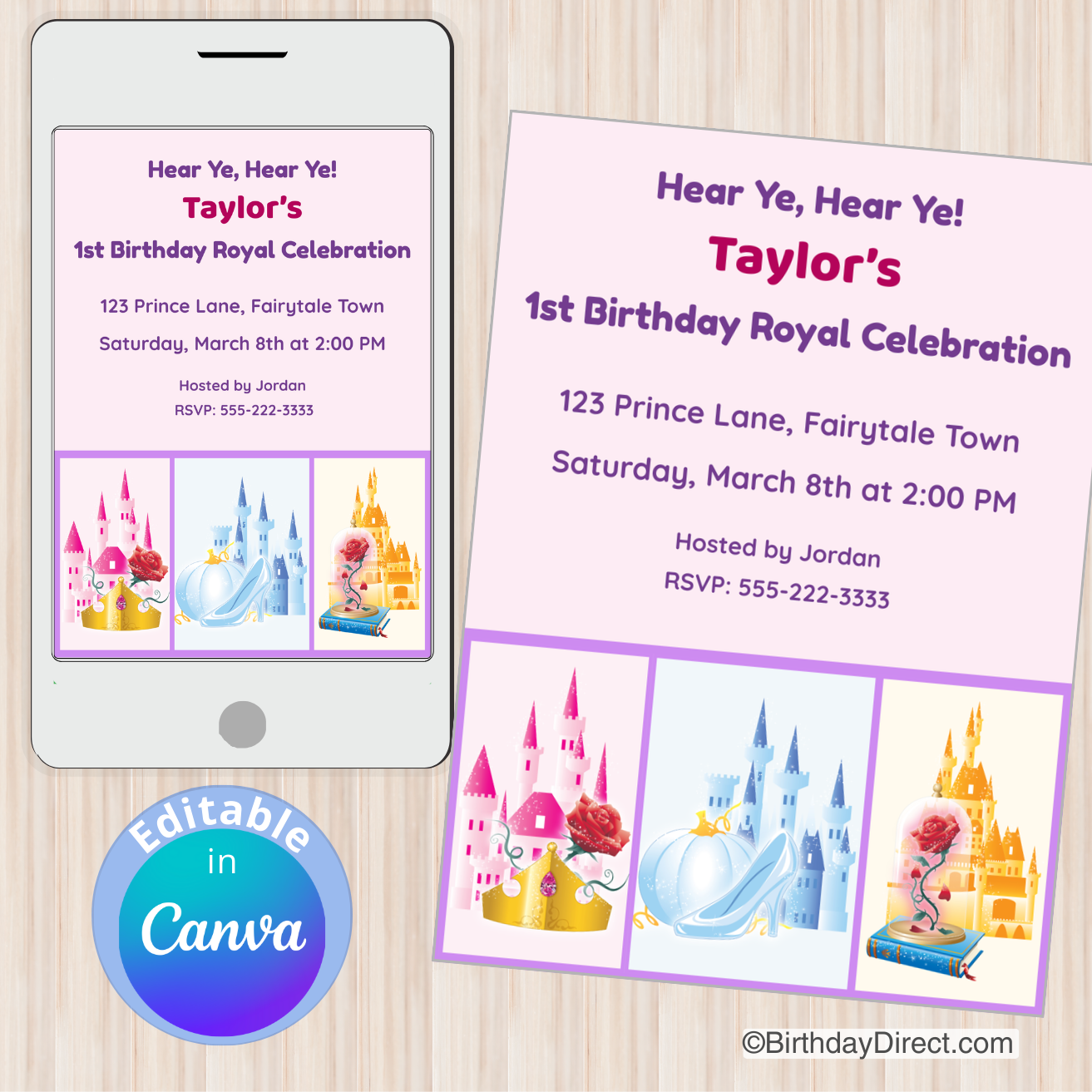 Birthday invitation card for Taylor's 1st birthday with castle illustrations on a wooden surface.