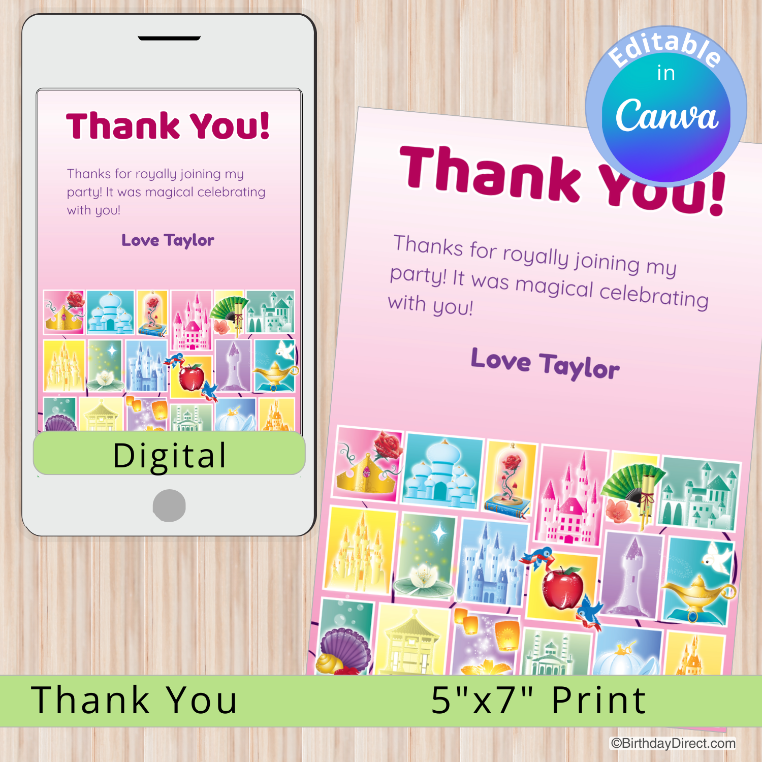 Digital and print thank you card with colorful graphics on a wooden surface
