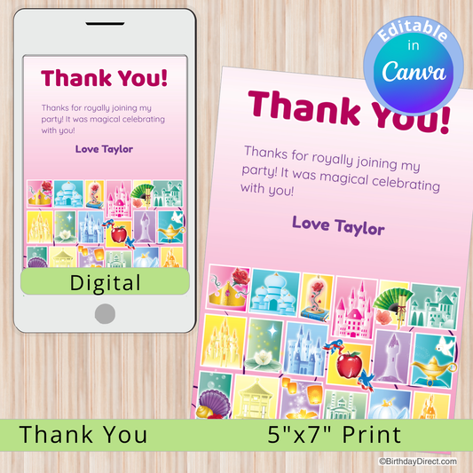 Digital and print thank you card with colorful graphics on a wooden surface