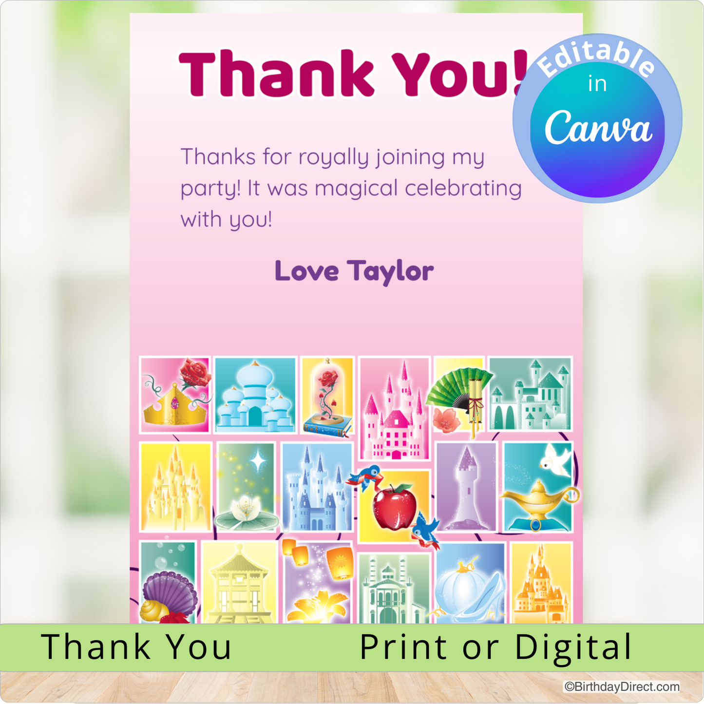 Thank you card with princess-themed graphics and editable text in Canva.