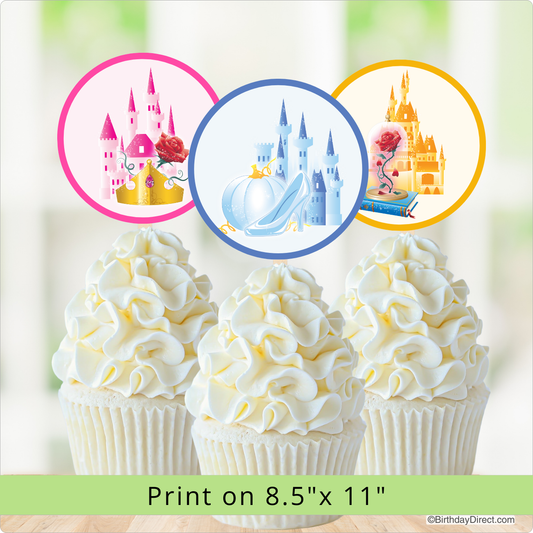 Decorative cupcakes with fairytale castle designs on a light background
