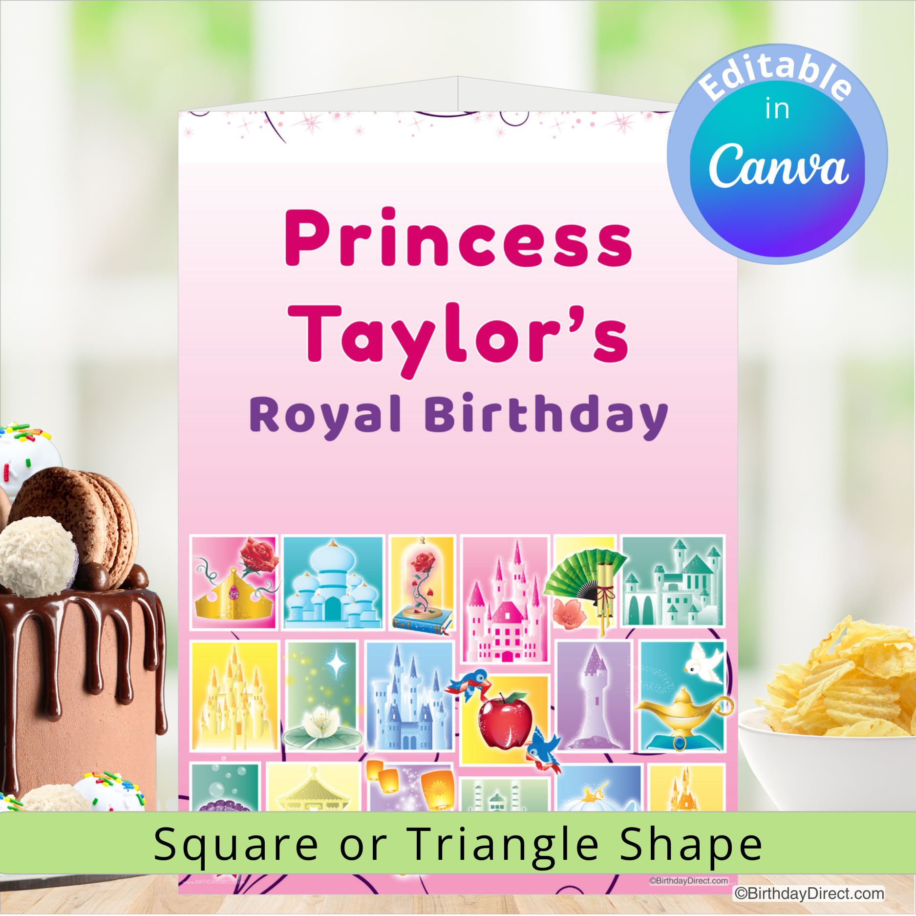 Birthday centerpiece decoration with a princess theme and an editable option in Canva.