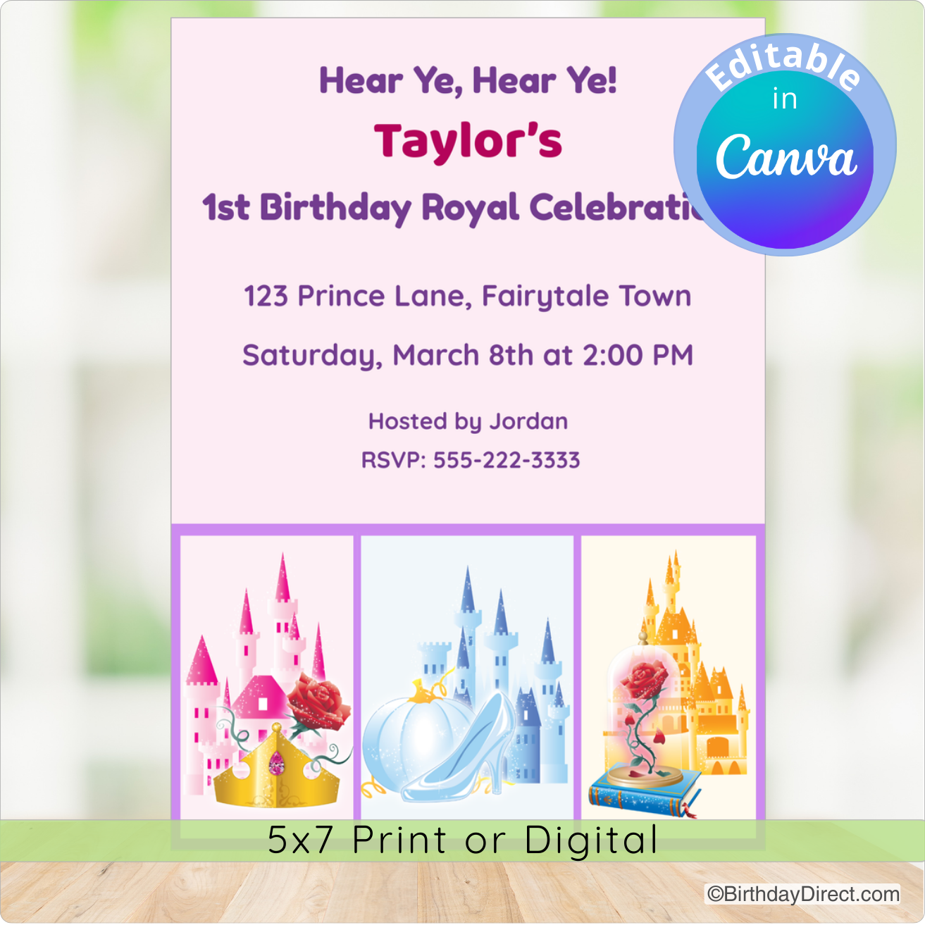 Birthday invitation card with castle graphics and editable text on a blurred background