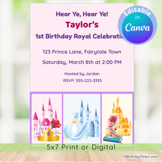Birthday invitation card with castle graphics and editable text on a blurred background