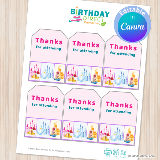 Sheet of 'Thanks for attending' tags with castle illustrations on a wooden surface, branded with Birthday Direct.