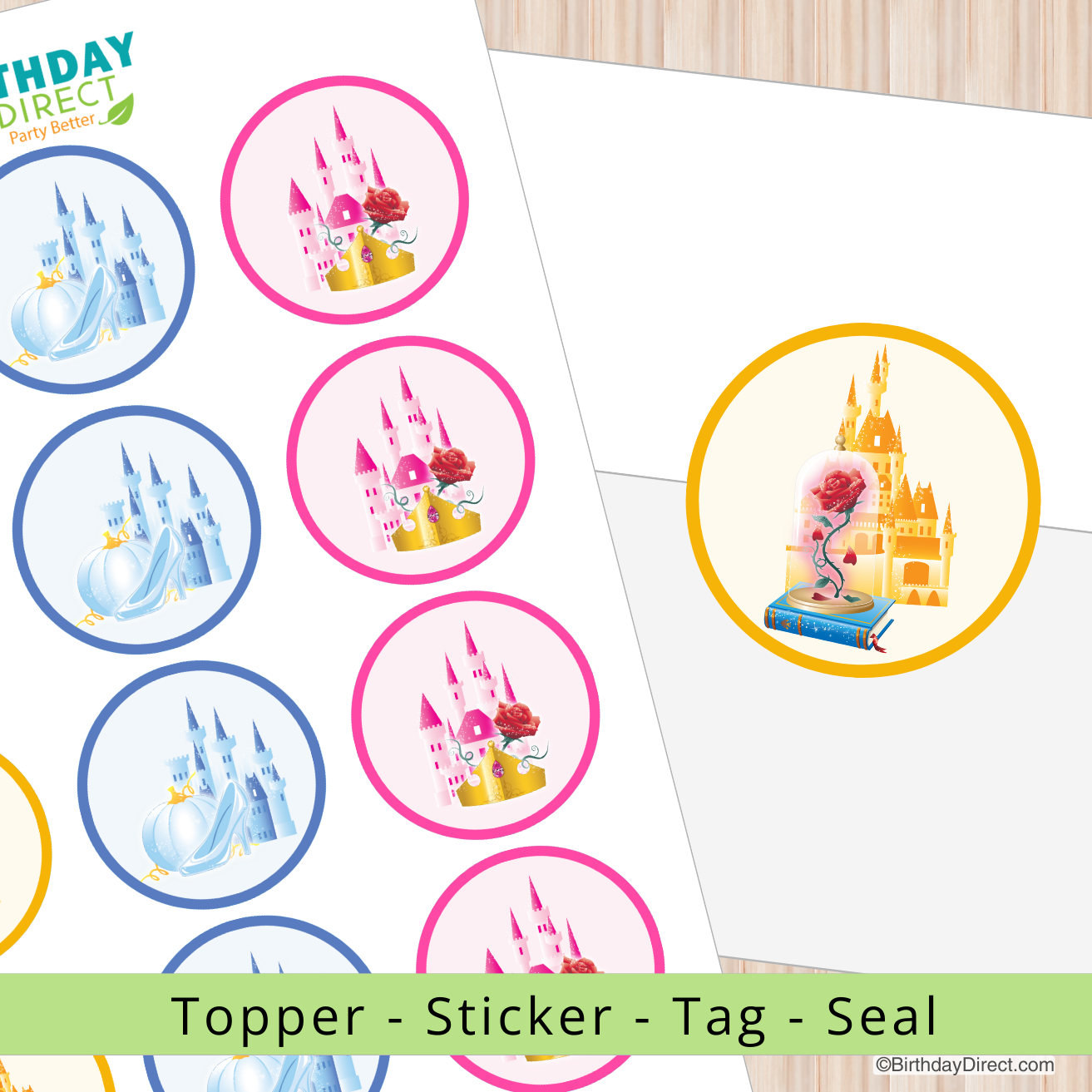 Colorful castle-themed toppers, stickers, tags, and seals on a white background with 'Birthday Direct' branding.
